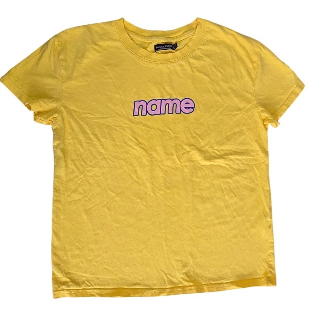 Bershka BSKGIRL girls Yellow Graphic Tee Shirt Name‎ Bubble Letters Size M euc